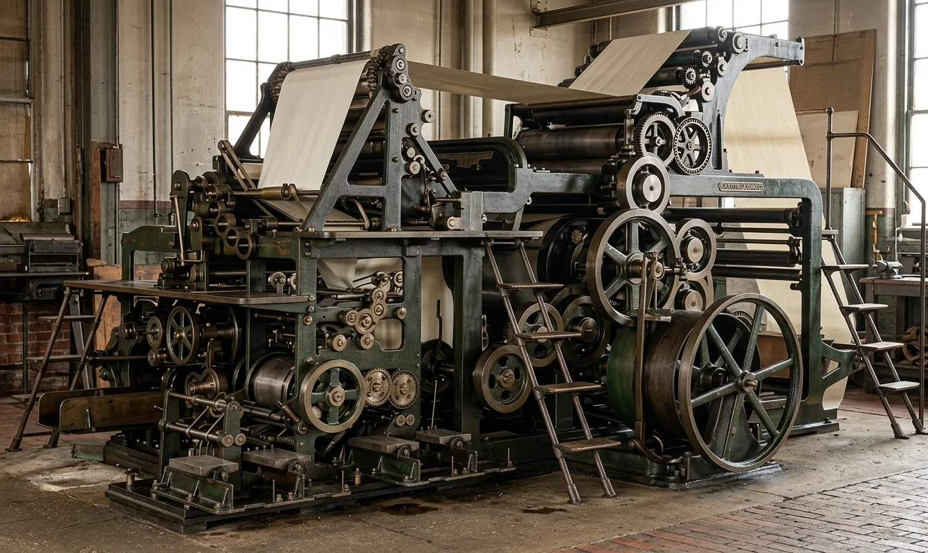 The above illustration shows our new WEB PERFECTING PRESS, built expressly for the “SIGNS OF THE TIMES” by the C. B. Cottrell & Sons Co., of New York. As will be noticed, the sheet is fed into the press from a large roll at the rear. It is then printed on both sides, folded, pasted, and trimmed, and delivered all complete at the rate of from five to ten thousand copies per hour, the grade of work determining the rate of speed. The slower the press is run the better the work appears. Curved electrotype plates are used, and special machinery not shown in the engraving was built for making these plates. This is not a newspaper press, but was built for doing the finer grades of book and periodical work. It is provided with Cottrell’s patent “shifting tympan,” a unique device for the purpose of preventing “offset.” This “shifting tympan” is so arranged that a clean sheet can be made to cover the cylinder at the will of the operator, while the press is in motion. The press is 18 feet 8¾ inches long, 11 feet 7¾ inches wide, 7 feet 7¼ inches high, and weighs 36,000 pounds, including the auxiliary machinery. It is the only press of the kind on the Pacific Coast. Presses similar to this are used on which to print some of the great illustrated journals and magazines of the east.