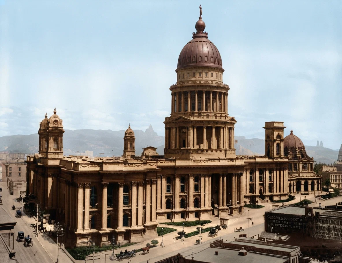 San Francisco's Magnificent City Hall, which cost Six Million Dollars, as it appeared before the Earthquake. The lower picture shows it in ruins.