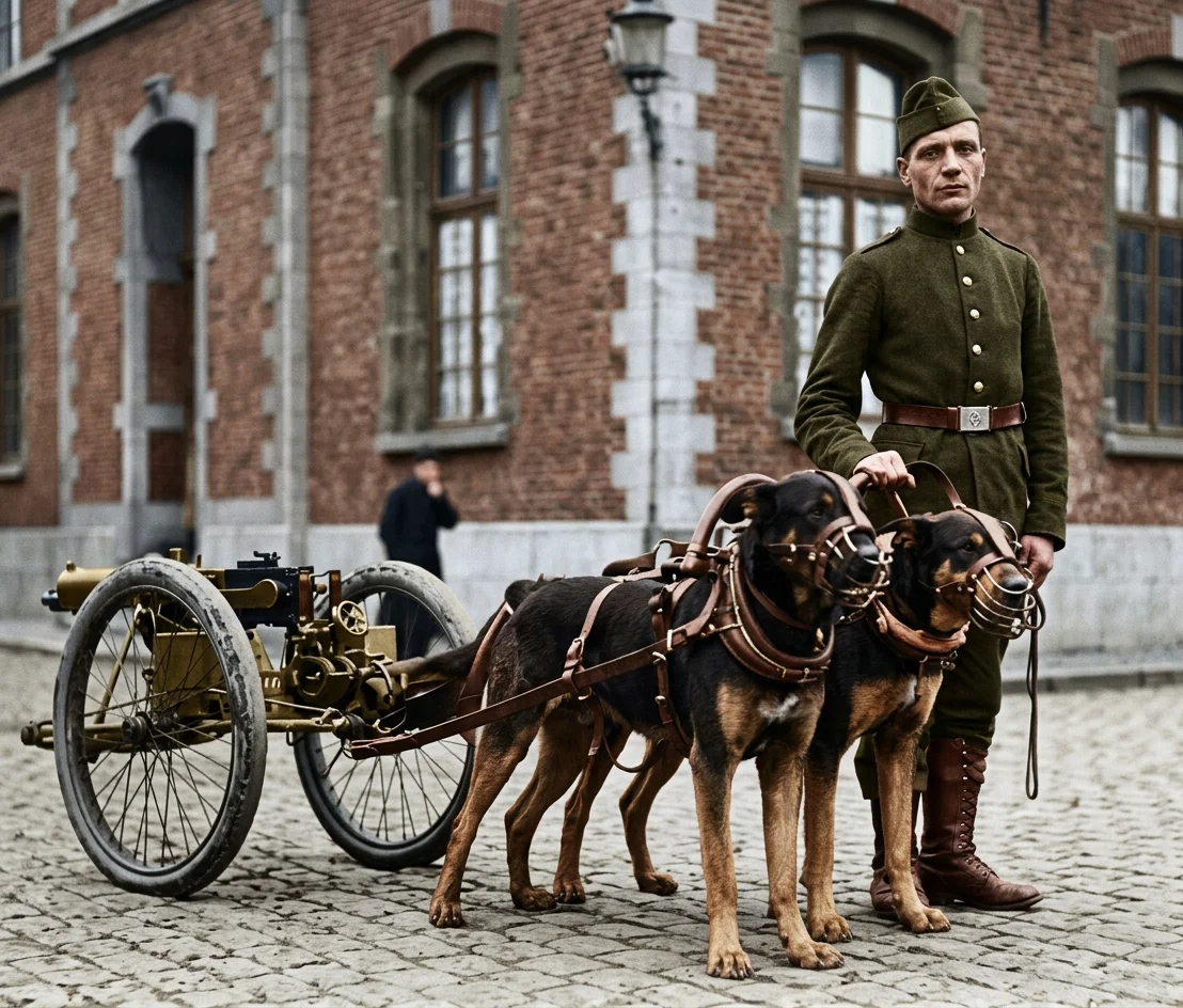 © International News Service. DOG-DRAWN MACHINE GUN, BELGIAN ARMY
