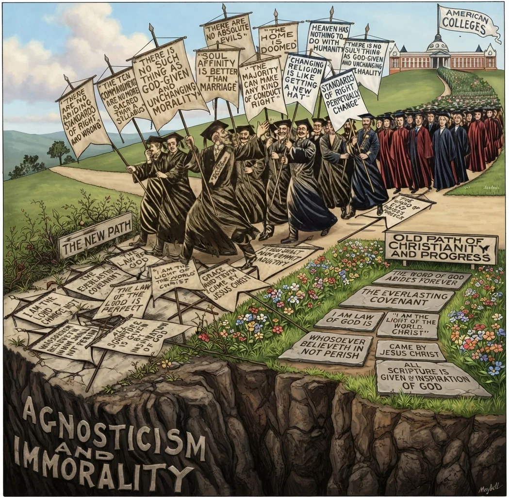 This cartoon is not meant to include all colleges; for there are honorable exceptions, especially among the smaller schools. The expressions on the banners, however, are actual quotations from the teaching of various educators in great universities and colleges. This teaching tramples under foot the very essentials of Christianity. Religious anarchy breeds political and social anarchy and fosters crime.