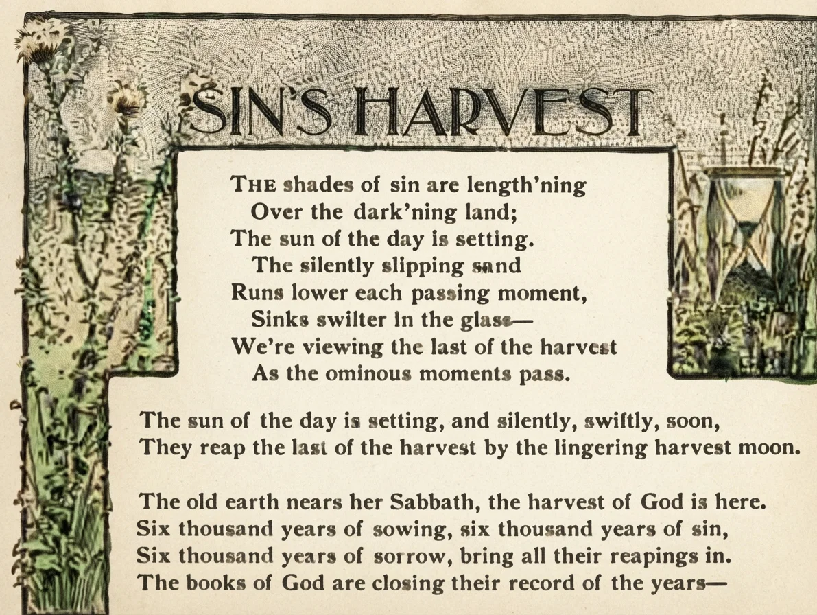 SIN'S HARVEST

The shades of sin are length'ning
Over the dark'ning land;
The sun of the day is setting.
The silently slipping sand
Runs lower each passing moment,
Sinks swifter in the glass—
We're viewing the last of the harvest
As the ominous moments pass.

The sun of the day is setting, and silently, swiftly, soon,
They reap the last of the harvest by the lingering harvest moon.
There'll be no other sowing, no other planting year;
The old earth nears her Sabbath, the harvest of God is here.
Six thousand years of sowing, six thousand years of sin,
Six thousand years of sorrow, bring all their reapings in.
The books of God are closing their record of the years—
For some a home in glory, for others bitter tears.