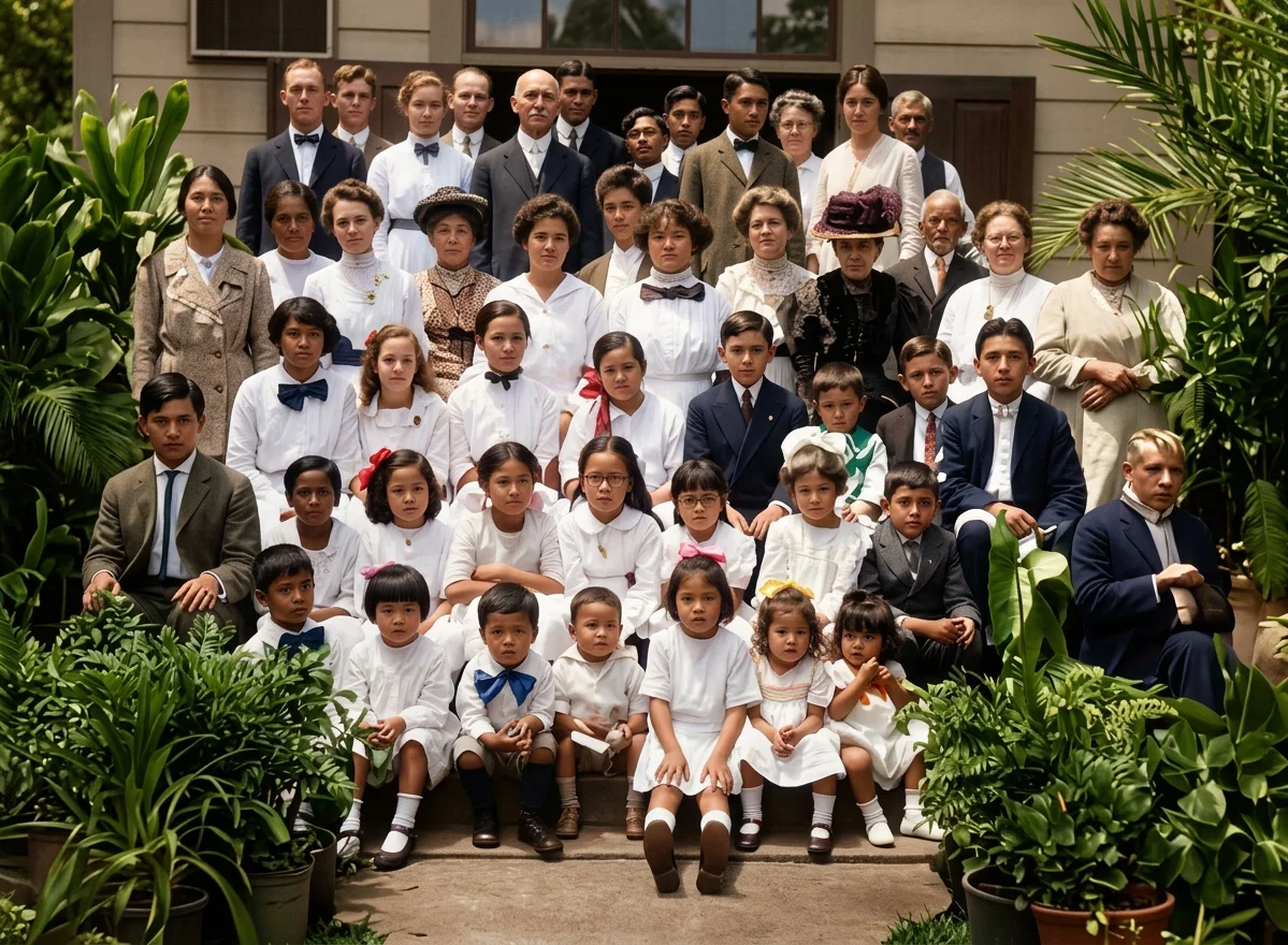 HONOLULU CHURCH SCHOOL, WITH SOME MISSION WORKERS AND CHURCH MEMBERS IN THE REAR