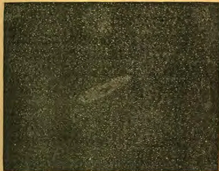 From a photograph by Prof. E. E. Barnard, of the Great Nebulae in Andromeda, taken at Lick Observatory. Time of exposure, 4 hours 18 minutes. During the time of these exposures the eye of the photographer is fixed upon some star, inserted by cross wires in the eye-piece of the telescope. In this small section of the sky but one star, we believe, is visible to the naked eye, but Professor Barnard estimates 64,000 visible to the camera.
