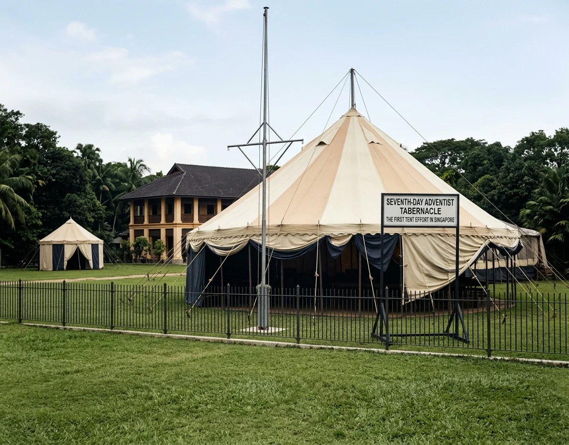 FIRST TENT EFFORT IN SINGAPORE. OUR CHURCH AT THE LEFT