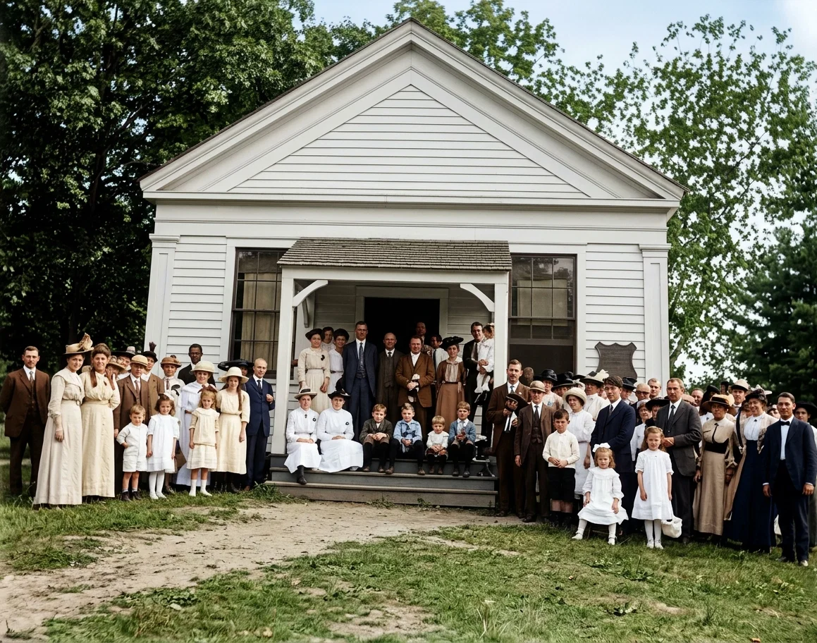 CHURCH BUILT BY WILLIAM MILLER AT LOW HAMPTON, N. Y.
All those on the steps and porch are descendants of Mr. Miller.