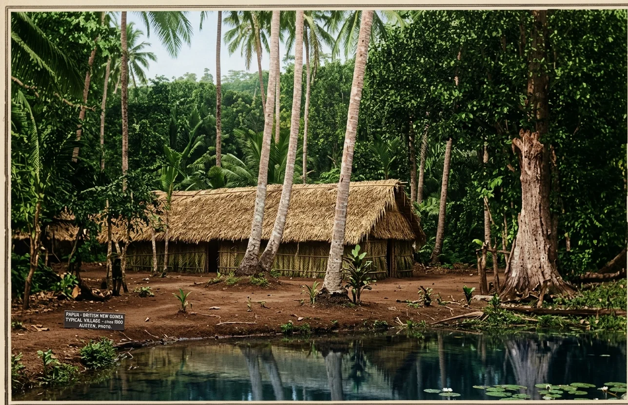 A TYPICAL VILLAGE, PAPUA, BRITISH NEW GUINEA