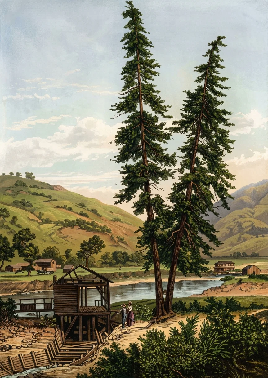 CALIFORNIA SCENERY. NO. 9.—It may be of interest to our readers to see, in this time of gold excitement, a picture of the place where J. W. Marshall, an employee of Gen. John A. Sutter, discovered the precious metal in California, Jan. 24, 1848, in Sutter’s mill-race. It is a circumstance worthy of note that both of these men died poor. So will many others who are now setting their hearts on the mines of earth.