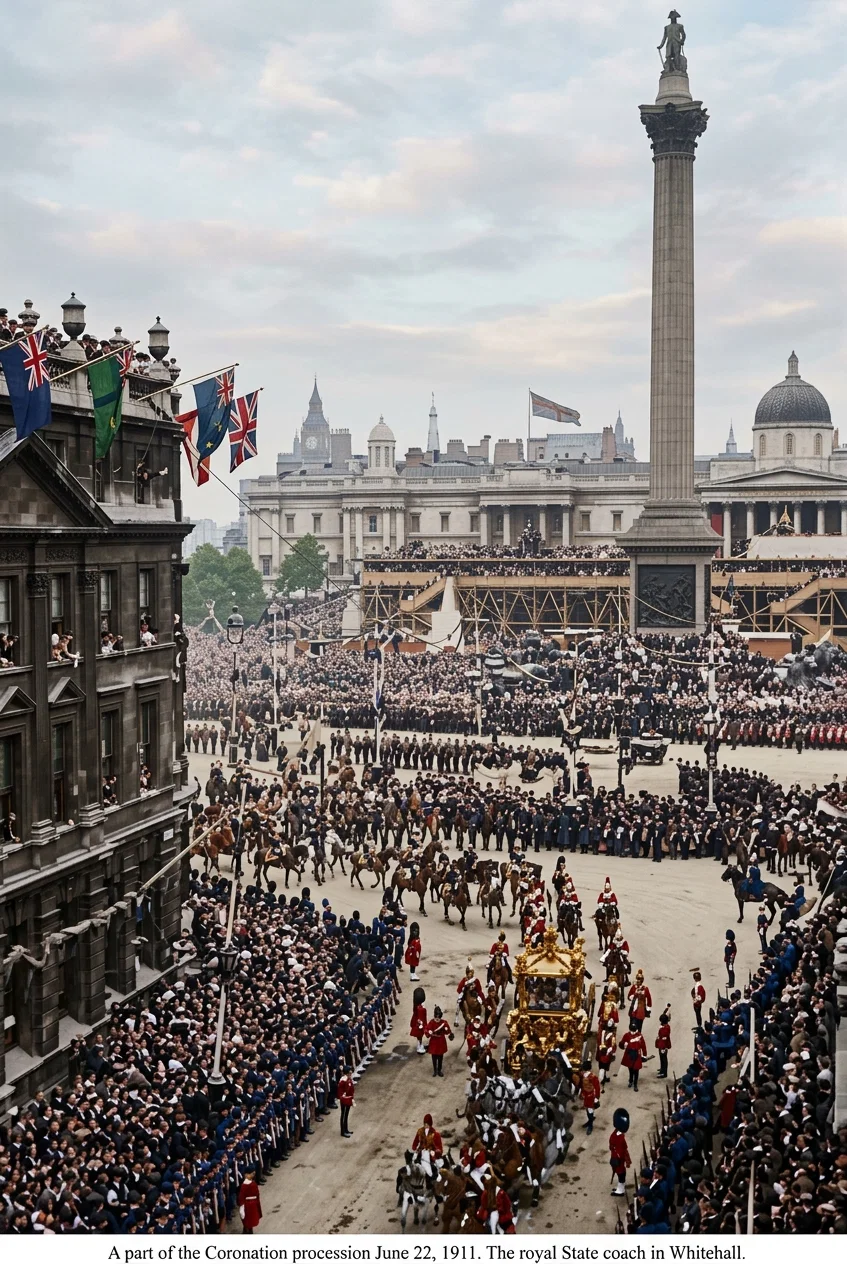 A part of the Coronation procession June 22, 1911. The royal State coach in Whitehall.