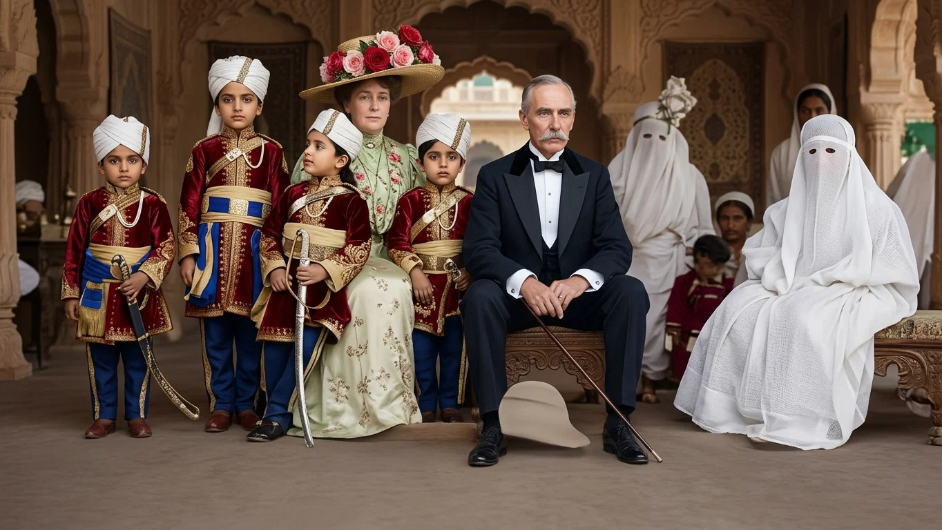 AN INDIAN QUEEN (IN VEILED MOHAMMEDAN COSTUME AT THE RIGHT)