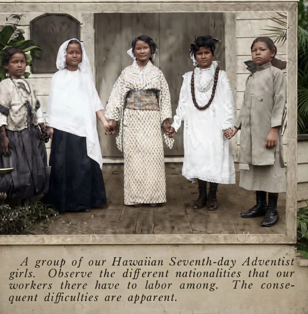 A group of our Hawaiian Seventh-day Adventist girls. Observe the different nationalities that our workers there have to labor among. The consequent difficulties are apparent.