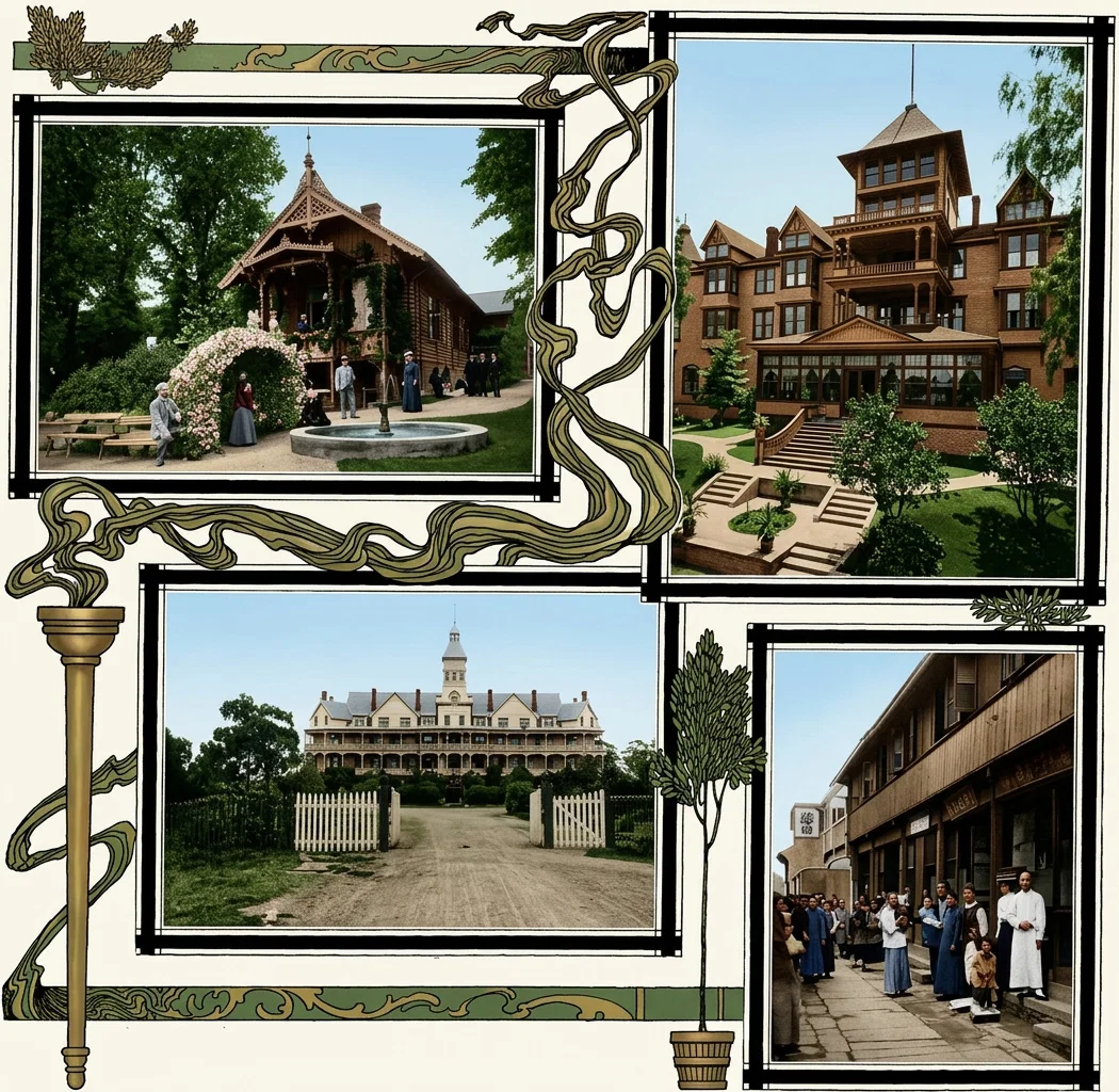 1. Skodsborg Sanitarium, Denmark. 2. (Upper right) Loma Linda (Cal.) Sanitarium. 3. Sanitarium near Sydney, Australia. 4. New Dispensary in Chekiang Province, China.