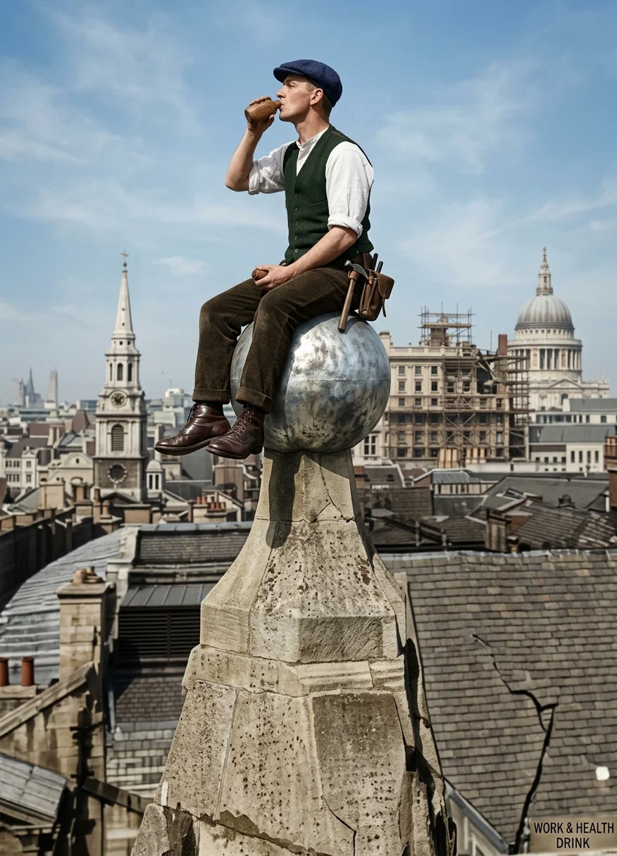 Work and health go together. This picture shows a workman eating his lunch on the top of the Hotel Cecil in London, England, after his morning’s work in tearing down that historic old structure.