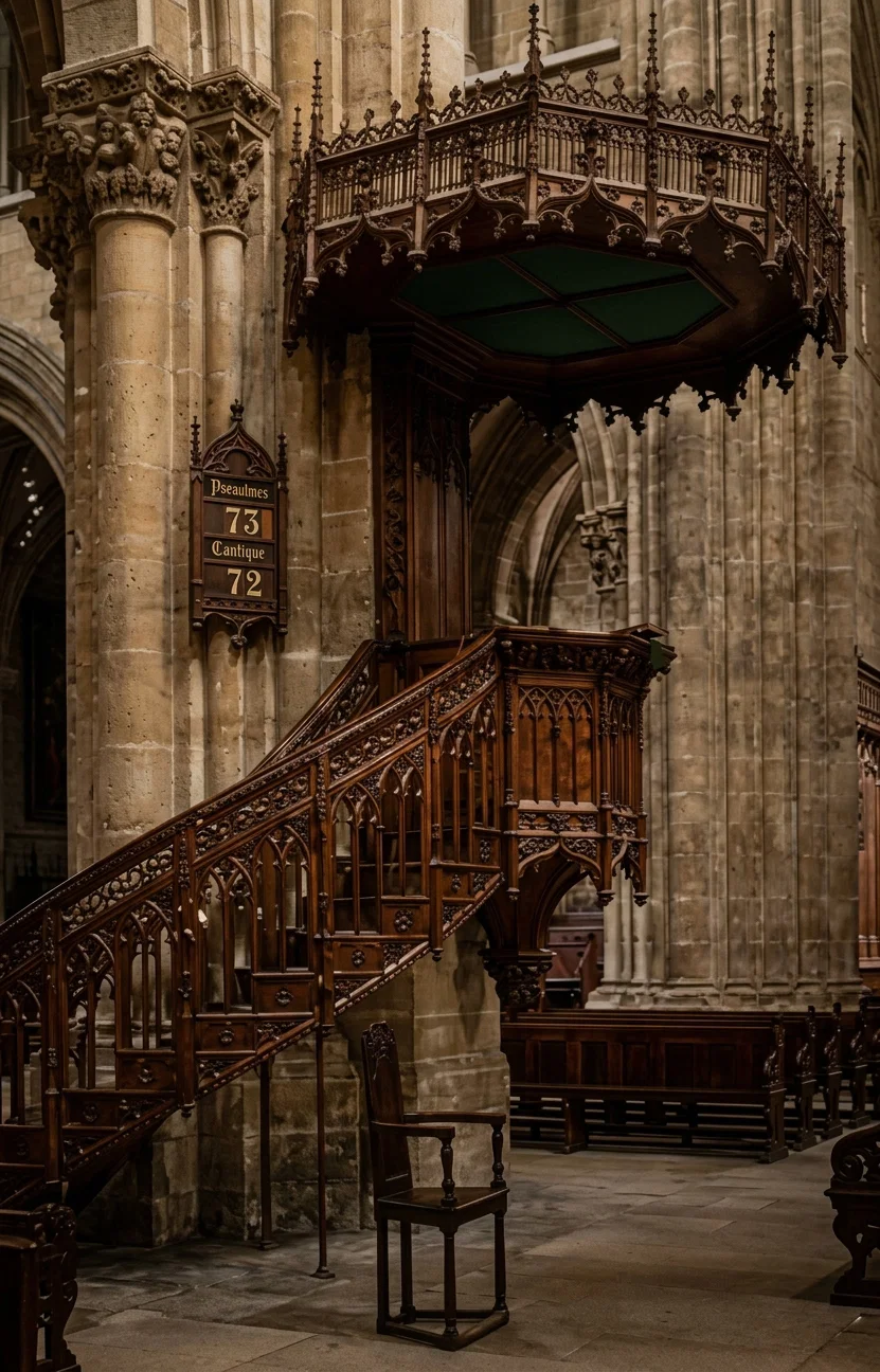 PULPIT OF JOHN CALVIN, WITH HIS PULPIT CHAIR ON THE FLOOR BENEATH