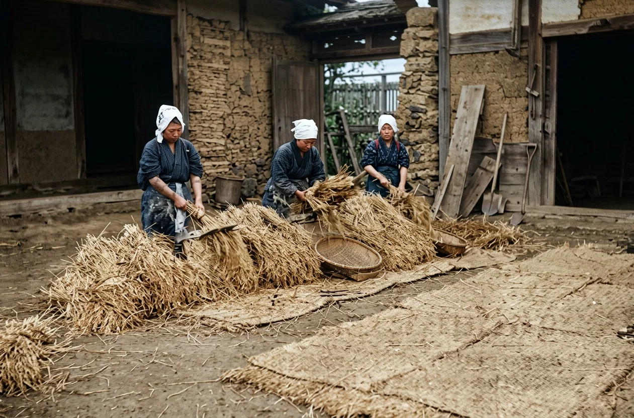 THRESHING RICE.