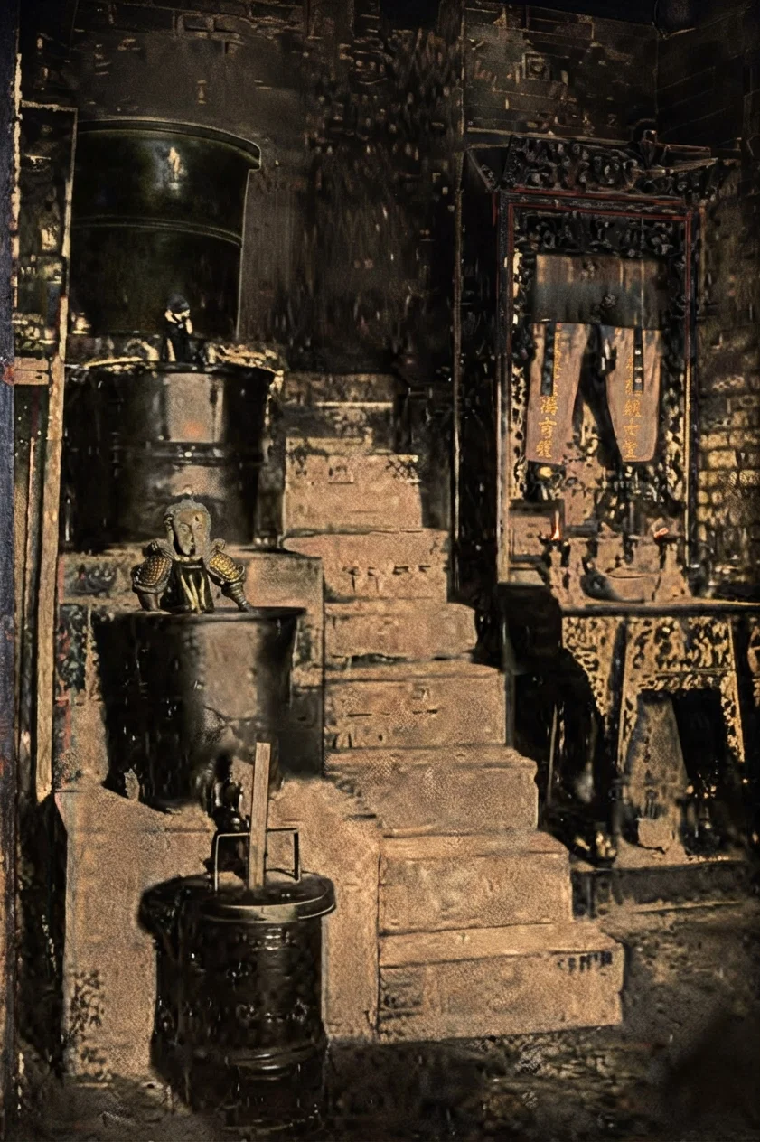 Old Water Clock, Canton, Flow of Water from Bronze Tank to next Is so Regulated that the Rise on the Graduated Rule Indicates Time of Day.