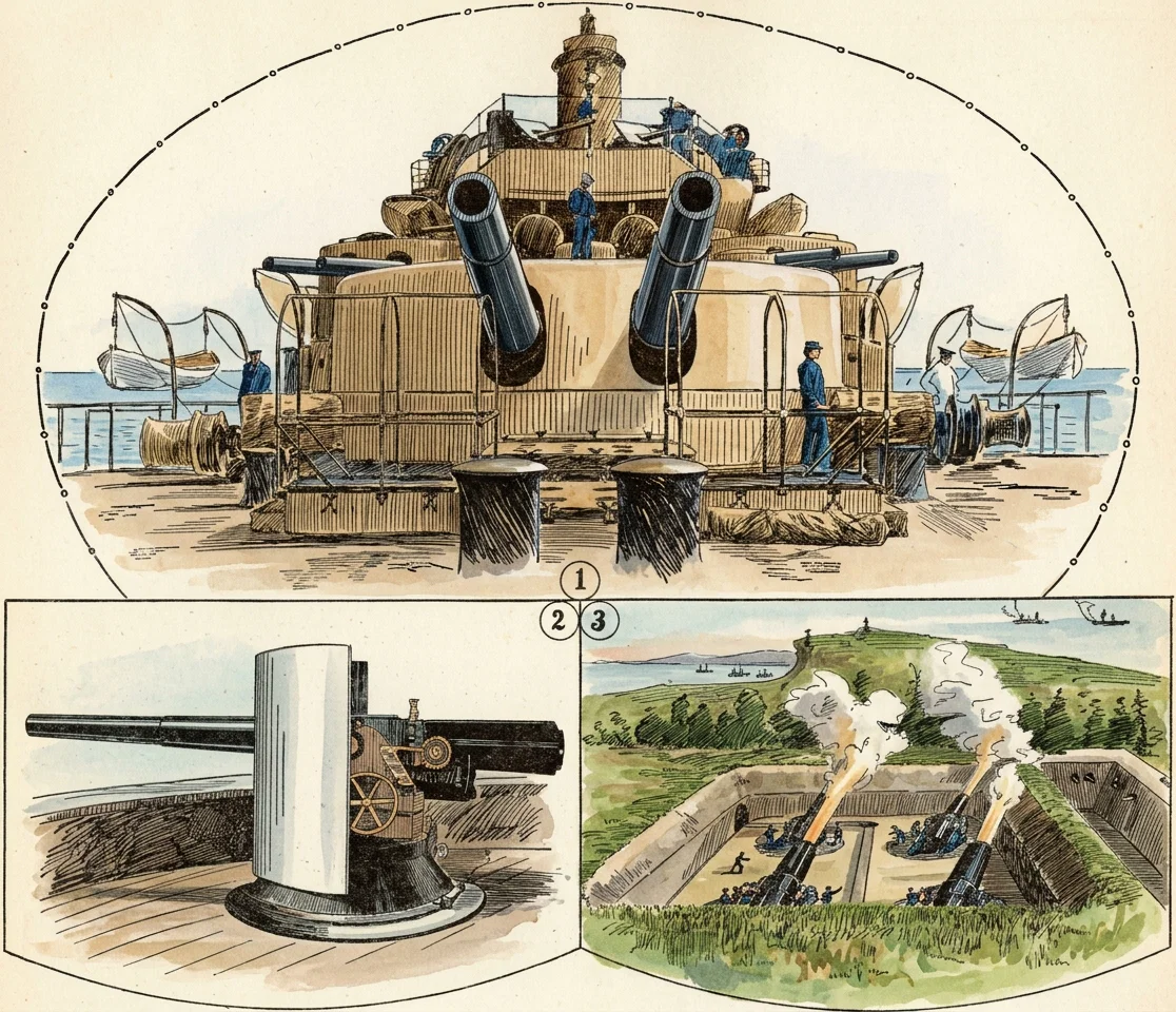 No. 1. The after part of the battle-ship Oregon, showing her aft revolving turret with two of her 13-inch guns protruding from the same. On either side may be seen one of her broad-side revolving turrets with two of her eight 8-inch guns projecting from each. Some of her small rapid-fire guns may be seen near the top of the cut. The 13-inch guns use a charge of 550 lbs. of powder and throw a shell weighing 1,100 pounds, with a velocity of 2,100 feet, or nearly half a mile, per second. The 8-inch guns use 115 pounds of powder and throw a 250-pound shell with a velocity of 2,080 feet per second. The forward part of the Oregon has the same heavy guns, while her secondary rapid-fire battery, of twenty 6-pounders, six 1-pounders, and four Gatling guns, can shoot out a regular hailstorm of steel. No. 2. A 4-inch rapid-fire gun, with revolving shield, such as is used on the men-of-war. It uses a charge of from 12 to 14 pounds of powder, and throws a 33-pound shell with a velocity of 2,000 feet per second. At the muzzle its projectile would pierce 10 inches of wrought iron. It is fired with such rapidity that in the ordinary range, 5 balls may be kept in the air flying toward the mark. Thirty-six years ago the iron-clad Monitor pounded the sides of the Merrimac for over half a day with her two 11-inch smooth-bore guns. And, altho the Merrimac had only 4-inch iron armor, yet no shot perforated her during the whole fight. This 4-inch gun would have made a veritable pepper box out of her in short order. No. 3. A section of a battery at the entrance to New York harbor. Ships may pass and repass this battery without being seen by the men within; neither would those on board the ship get any idea of a battery being there from any outward appearance. The mortars are down behind great earthworks, and within these earthworks are massive walls with an intervening space so as to protect them from a charge from the enemy's infantry if they should succeed in landing. As shown in the engraving, some machine guns are so arranged in the diagonally opposite corners of this outer space that they could mow men down as fast as they could rush in. The harbor is all carefully mapped off in squares, and an officer on a prominence a mile or so away from the battery, by means of his range-finder and chart can tell what square the enemy's ship is occupying. He telegraphs this to the officer in charge of the mortar battery, and he immediately gives his pieces the proper elevation and fires them, either one, two, three, or on up to sixteen at a time, just as he likes. They have the matter so accurately figured out, and the men have become so skilled in their work, that a shot from one of these mortars can be dropped down on the space of a vessel's deck anywhere within a radius of five miles, the plan of a mortar being, of course, to throw a shell high into the air and let it fall on its target, bursting as it strikes. The shells thrown by the mortars shown in our cut weigh 1,000 pounds and are charged with 100 pounds of a high explosive. They would make short work of any hostile war ship that came within their range.