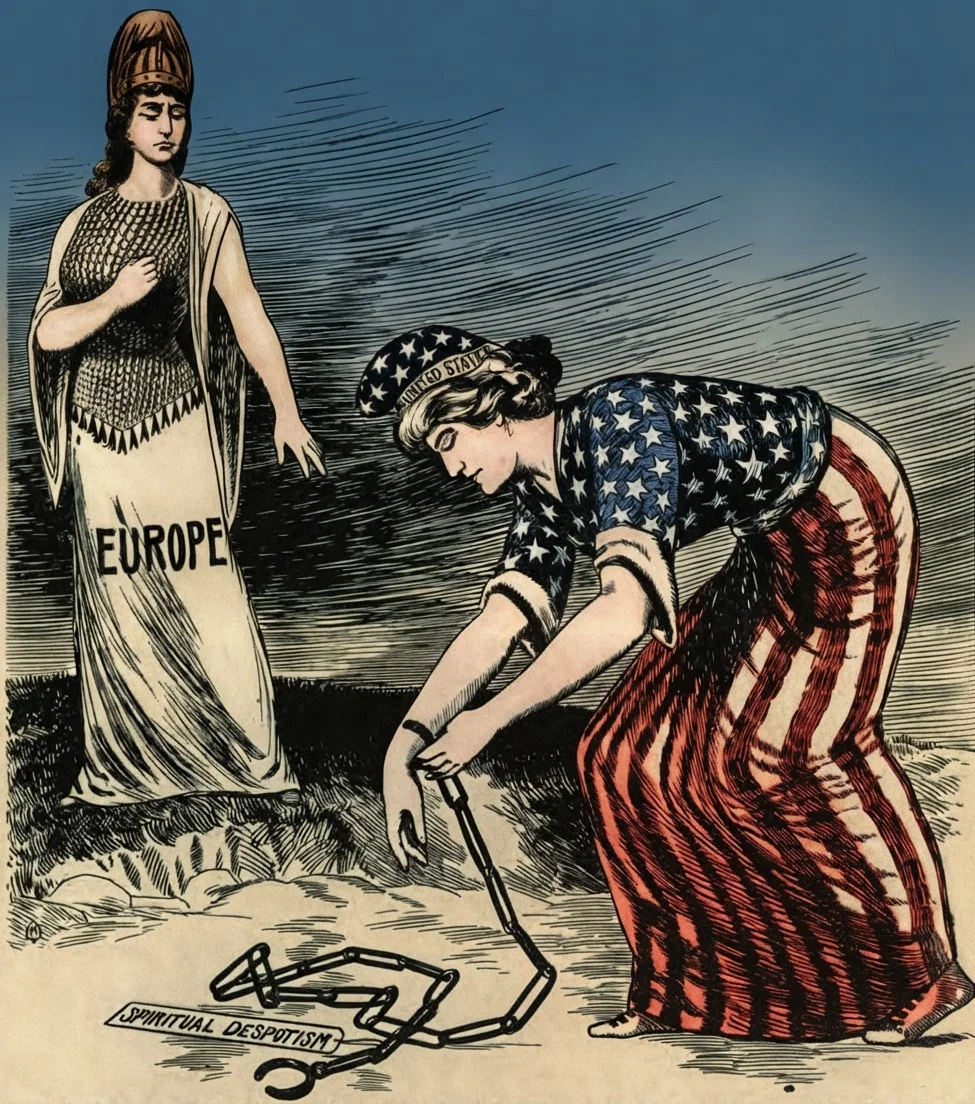 Under the influence of America, to some extent Europe has been casting off its medieval intolerance, loosening the bonds and bands of church and state, while America is listening to the voices of those who would lure to the Dark Ages. Our cartoonist has given us a striking sermon.