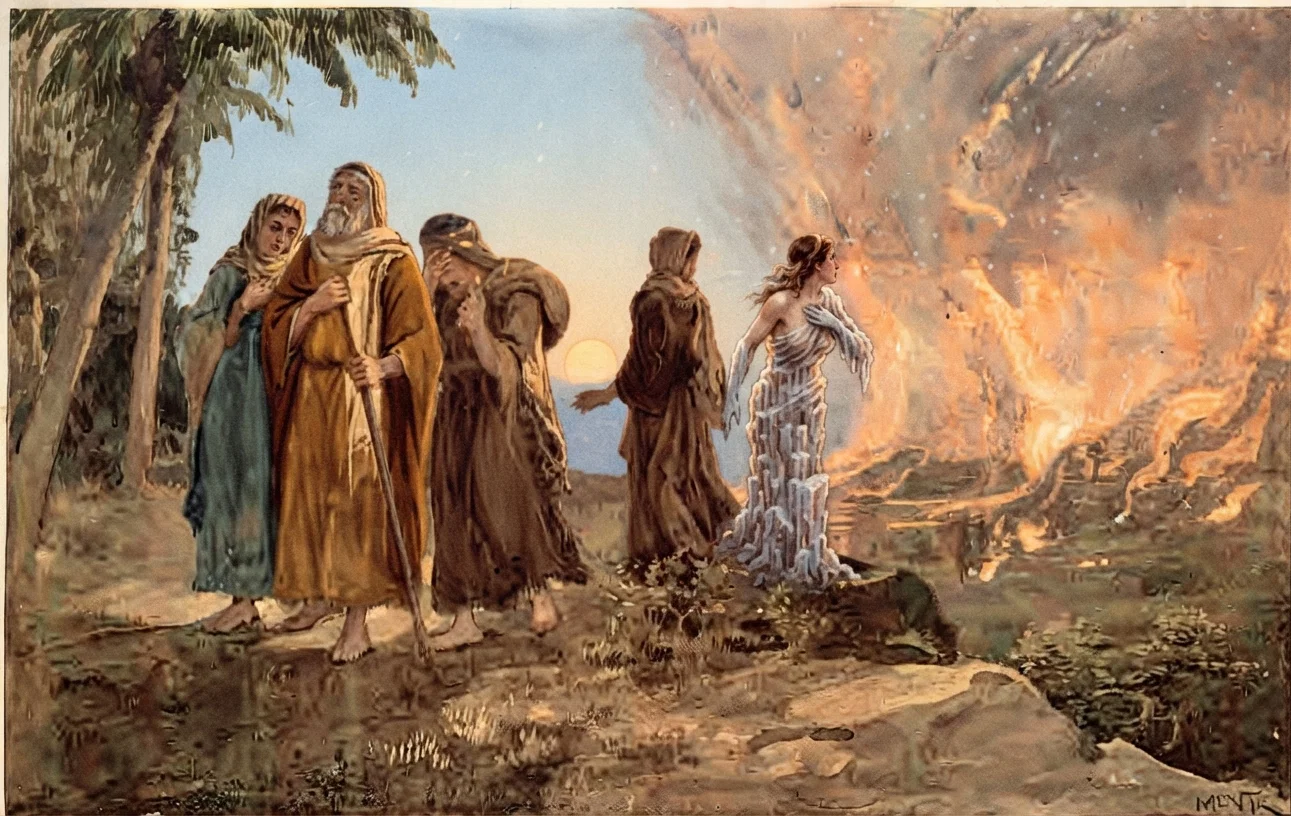 "The sun was risen upon the earth when Lot entered into Zoar. Then the Lord rained upon Sodom and upon Gomorrah brimstone and fire from the Lord out of heaven; and He overthrew those cities, and all the plain, and all the inhabitants of the cities, and that which grew upon the ground. But his wife looked back from behind him, and she became a pillar of salt." Gen. 19:23-26.