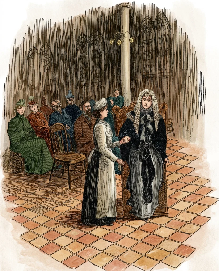 “Taking firm hold of the nurse’s hand, she . . . stepped out upon the floor.”