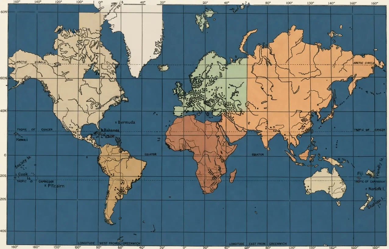 Map of the world, indicating our mission stations outside of the United States and Canada. These stations are shown by a small cross among the islands, by black dots on the mainland.