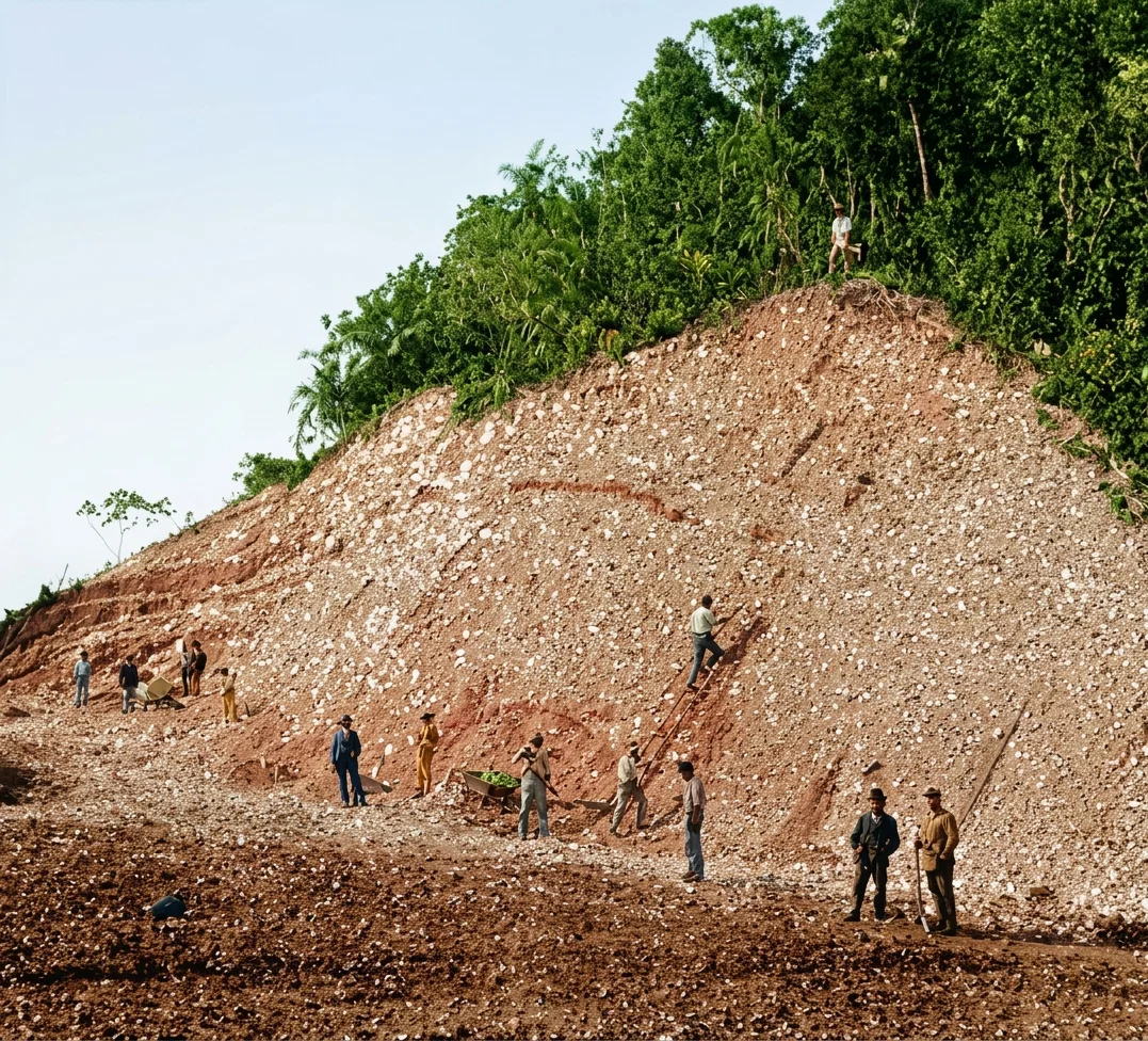 A SHELL MOUND IN SANTA CATHARINA, BRAZIL.
Stone implements, axes, hammers, etc., are found in them. These mounds are thought to have been made by aboriginal tribes centuries ago. The shells are now burned into lime.