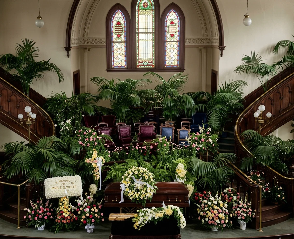 THE CASKET CONTAINING THE BODY OF MRS. E. G. WHITE IN THE TABERNACLE