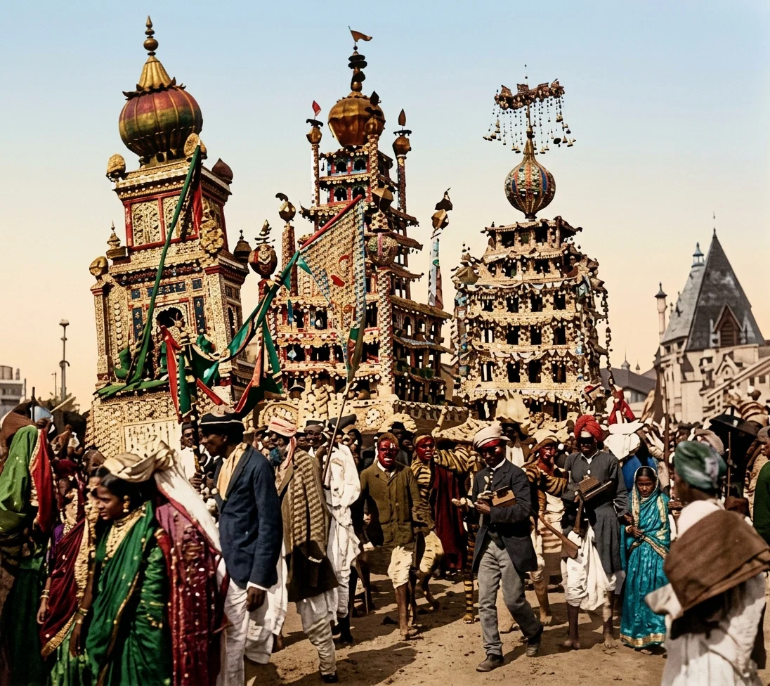 Procession of Hindu residents in Durban, South Africa, carrying pagodas and idols.