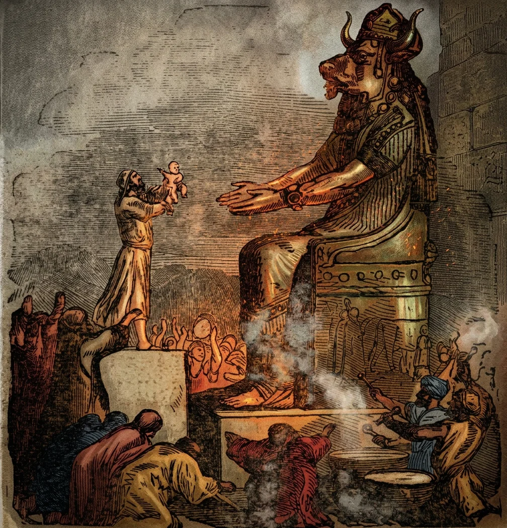The worship of Molech. The image of the god was said by the rabbins to be of brass, and in his superheated arms, infants were placed.
