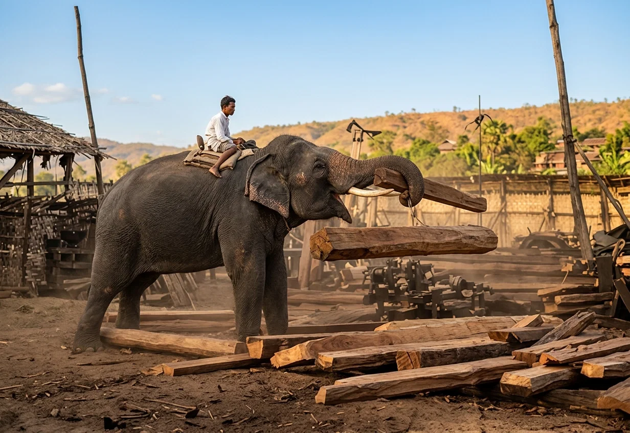 ELEPHANT STACKING TIMBER
