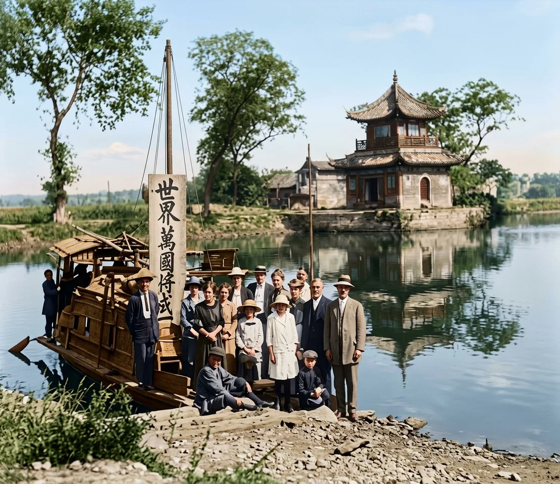 Mission Workers in China Visiting Outstations by House Boat