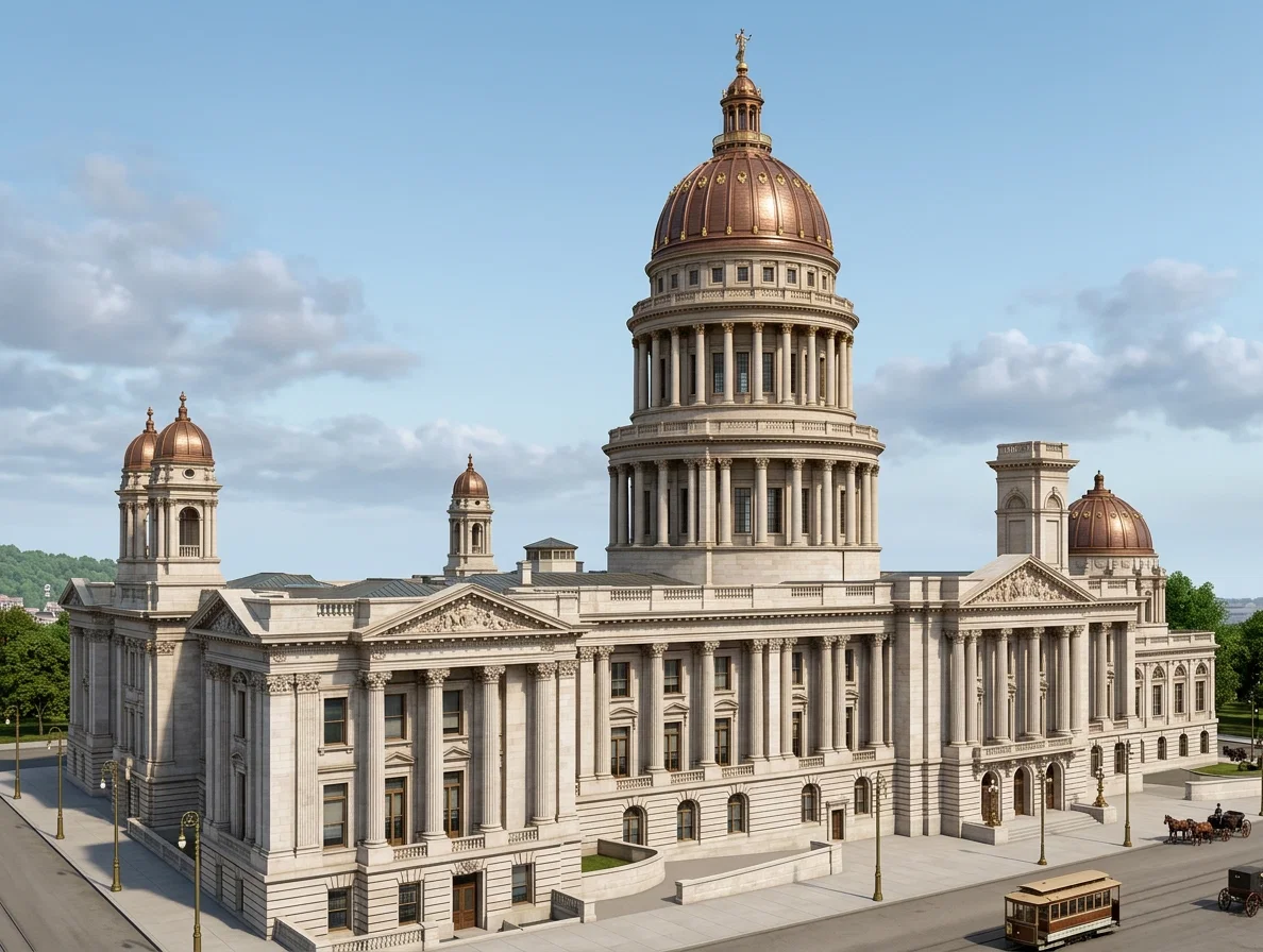 San Francisco's magnificent City Hall, which cost six million dollars, as it appeared before the Earthquake. The lower picture shows it in ruins