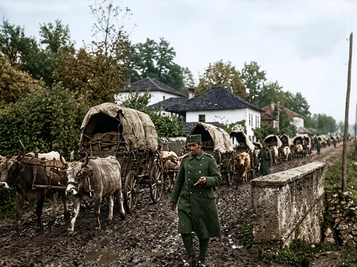 SERVIAN AMMUNITION CARS LEAVING FOR THE FRONT, DRAWN BY OXEN