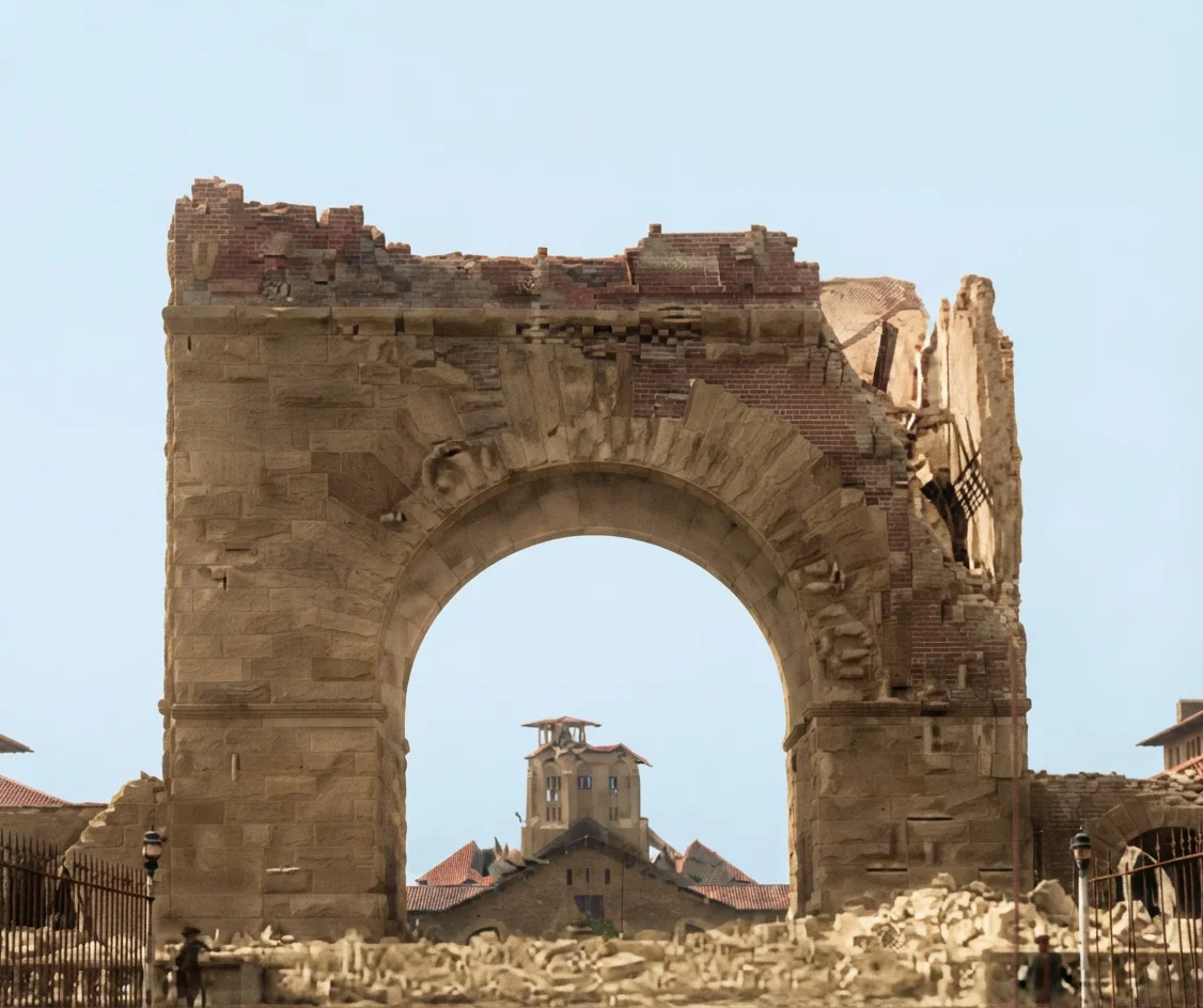Arch at the entrance of the Quadrangle after the earthquake.