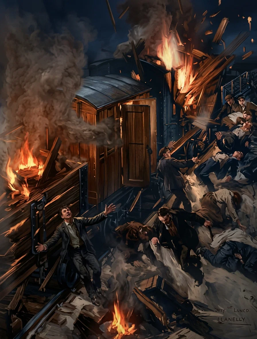 A scene in Llanelly in connection with the strike in England, from the "Illustrated London News." The firing of freight sheds by the mob caused the explosion of cans of powder on cars, by which five were killed.