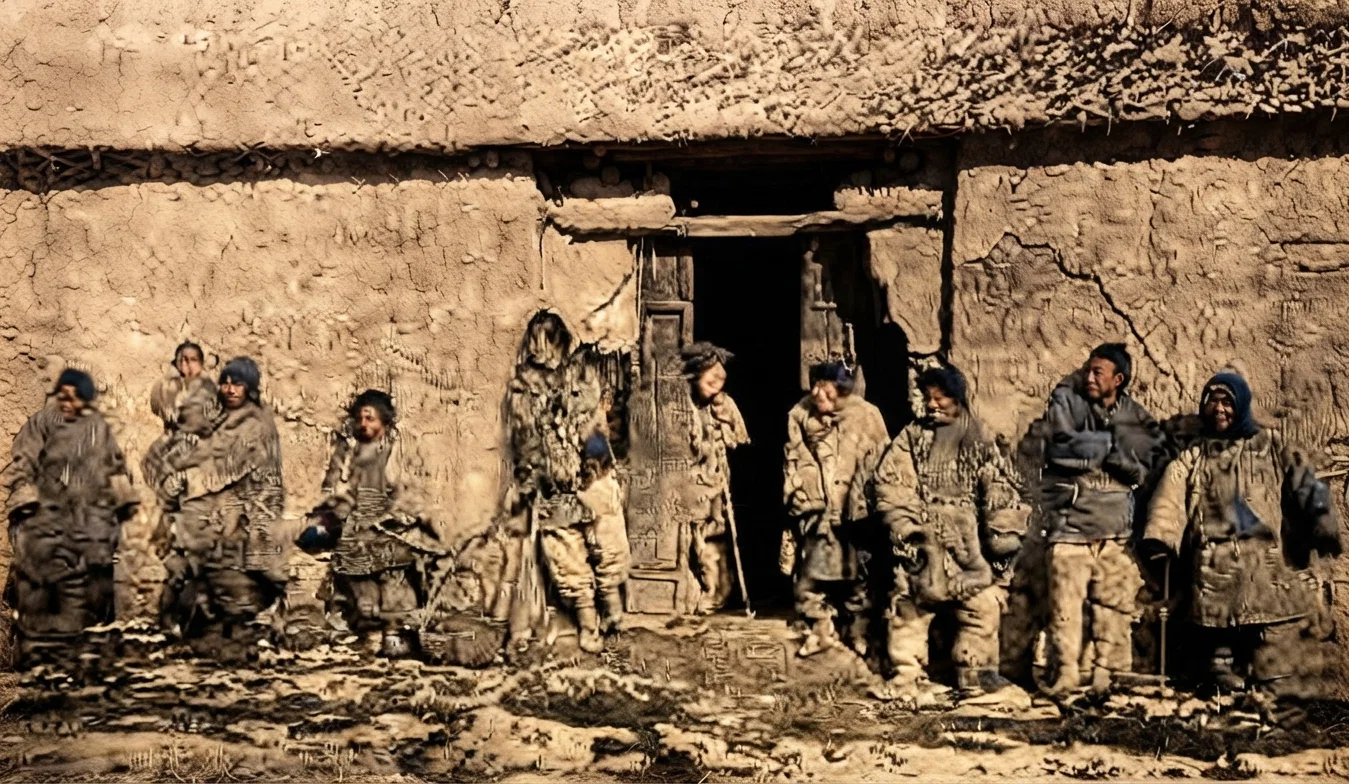 A starving family gathered on the sunny side of their tumble-down mud house