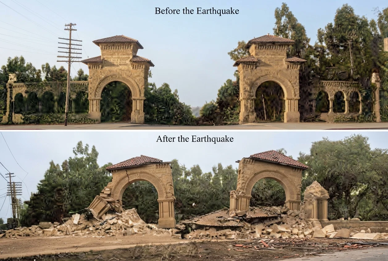 Arches at the Entrance to the University Grounds before and after the Earthquake