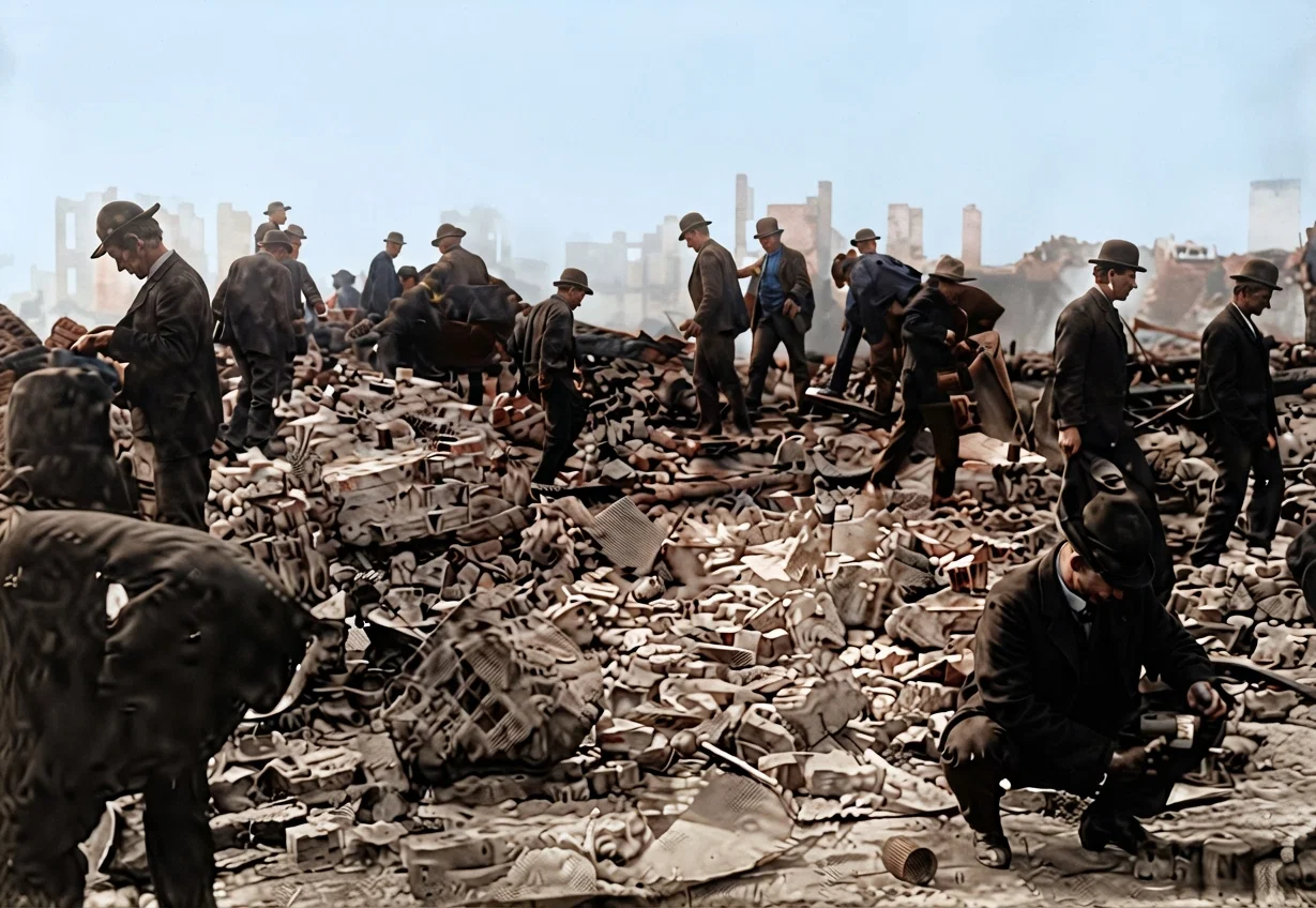 A Scene on Market Street, San Francisco. Men hunting for canned foods amid the ruins.