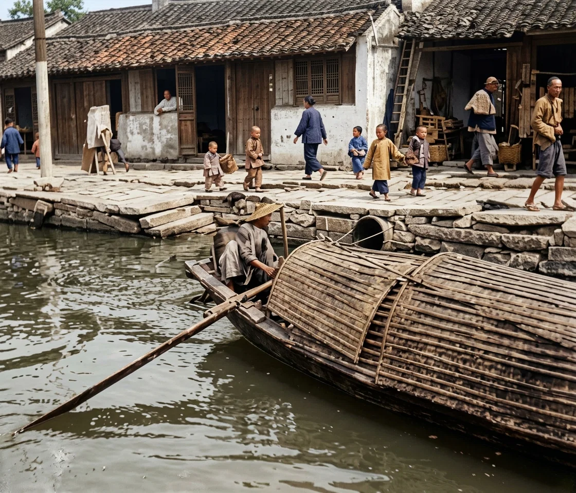 Chinese River Boat Propelled by Foot-power.