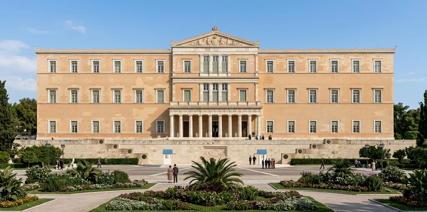 ROYAL PALACE IN ATHENS
Erected 1834-38, of Pentelic marble and limestone. Its spacious gardens were laid out by Queen Amelia, first queen of Modern Greece. Visited by student demonstrators in 1901.