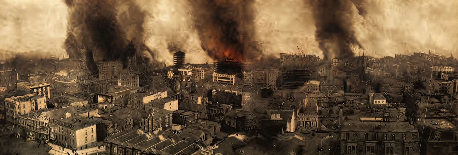 A view of San Francisco from Nob Hill, taken soon after the earthquake and just when the great fires were gaining headway. All the district covered by this view was subsequently swept clean by the flames. Notice the broken chimneys on the buildings in the foreground.