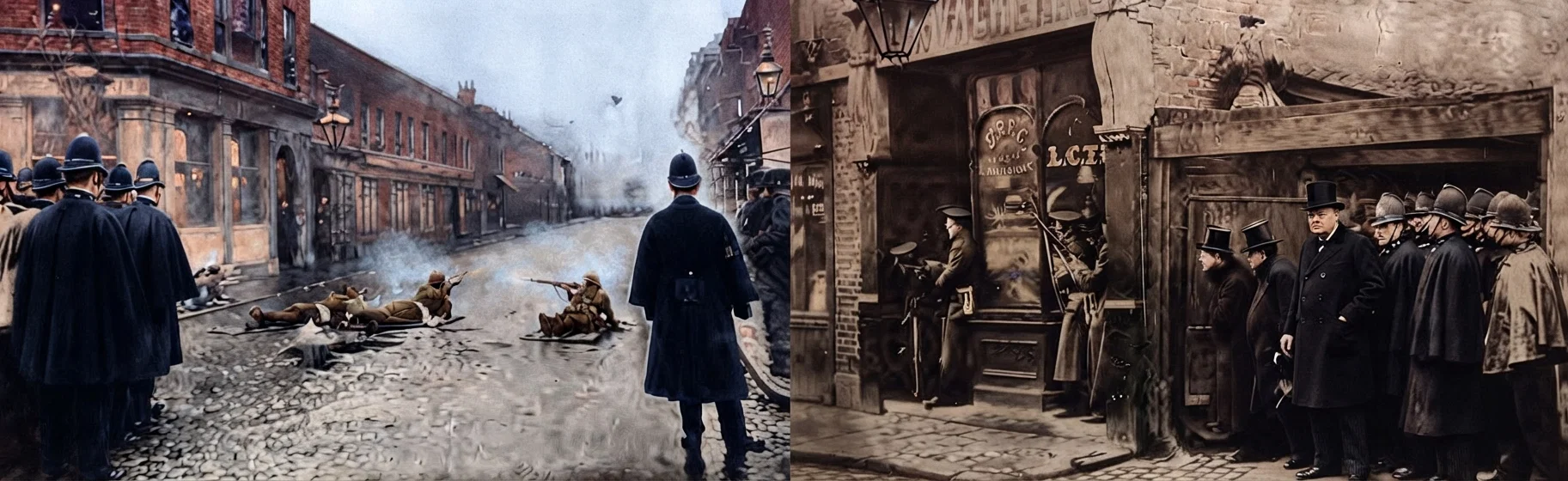 The Battle of Stepney in the East End of London. The firing line of the Scots Guards at the left. In the right hand scene the silk-hatted man at the right is the Home Secretary, Winston Spencer Churchill. It was not a noted battle, but it may have notable results in checking criminal anarchists in London.