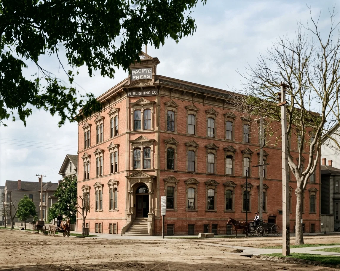 CALIFORNIA SCENERY, No. 12.—OUR HOME.—The above illustration shows the home of the SIGNS OF THE TIMES, corner Twelfth and Castro Streets, Oakland, Cal. The main building was erected in 1887, and is 60x100 feet in lateral dimension. The building to the left, of which only the gable appears in the picture, is the original house, erected in 1876. This building is now partially occupied by the offices of the International Sabbath-school Association, the California Conference, and the California Tract Society; the basement contains two large boilers that furnish steam for the entire institution, and the remainder of the building is used for storage and shipping purposes. The basement of the main building contains two steam engines, an electric light plant, ten power printing presses, two machine book and paper folders, and the counter check book department, with four Kidder web presses. The first floor is occupied by the business offices, book and stationery salesroom, job stock-room, and commercial job printing department, with five presses. The second floor contains the book and paper composition department, and the editorial and proof-reading rooms. The third floor is occupied entirely by the book-binding department. In the rear of the main building is a two-story structure, the first floor of which is occupied by the electrotyping and stereotyping department, and the second floor is devoted to chapel purposes.