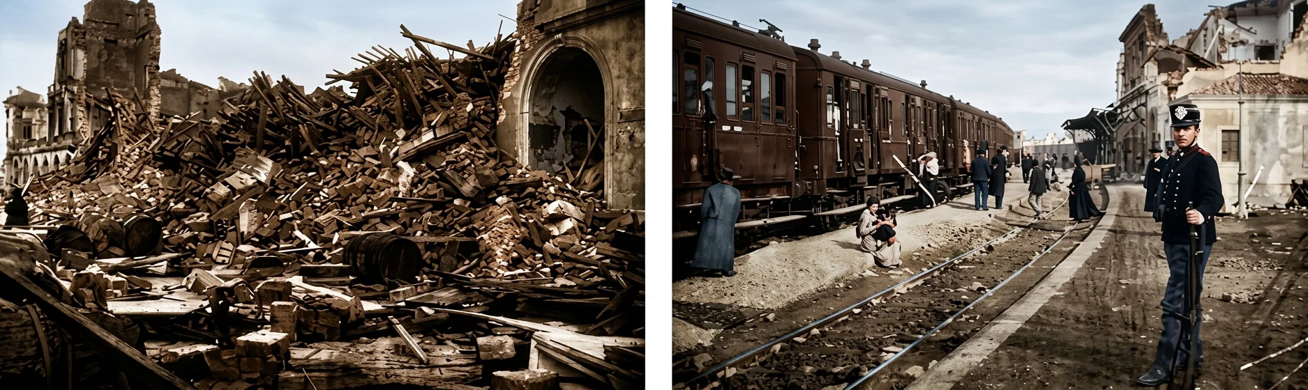 A part of the Port of Messina after the Tidal Wave. A train at Reggio ready to leave 5:21, December 28. Stopped by the quake.