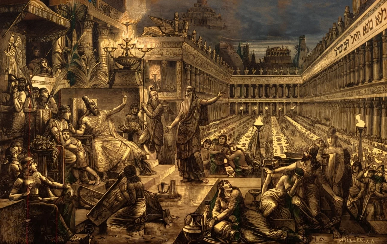 Belshazzar's feast, when "the handwriting on the wall" announced the overthrow of his kingdom, and Cyrus, in harmony with the prophetic Word, came to the throne of world empire.