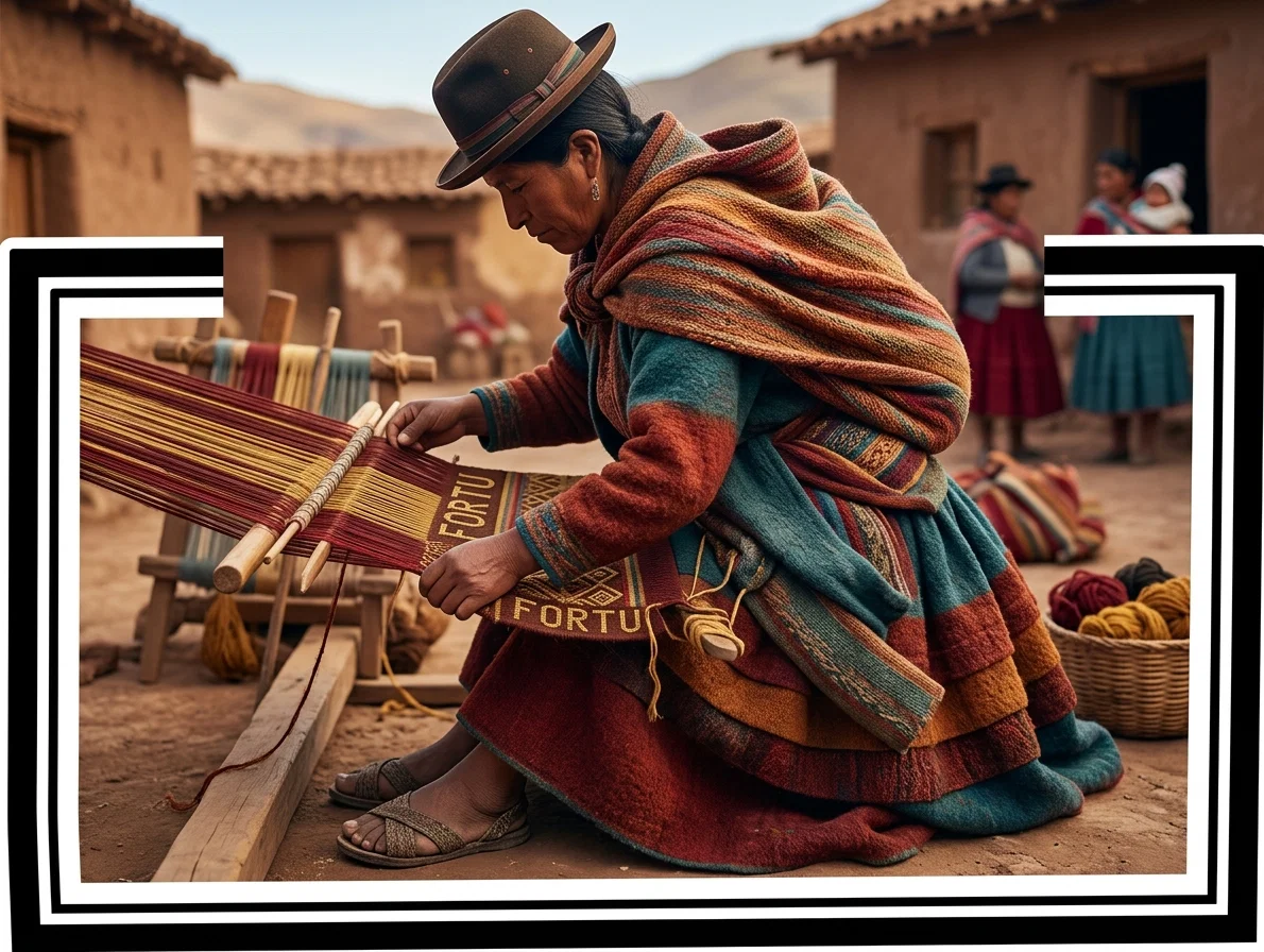 A BOLIVIAN INDIAN WOMAN WEAVING