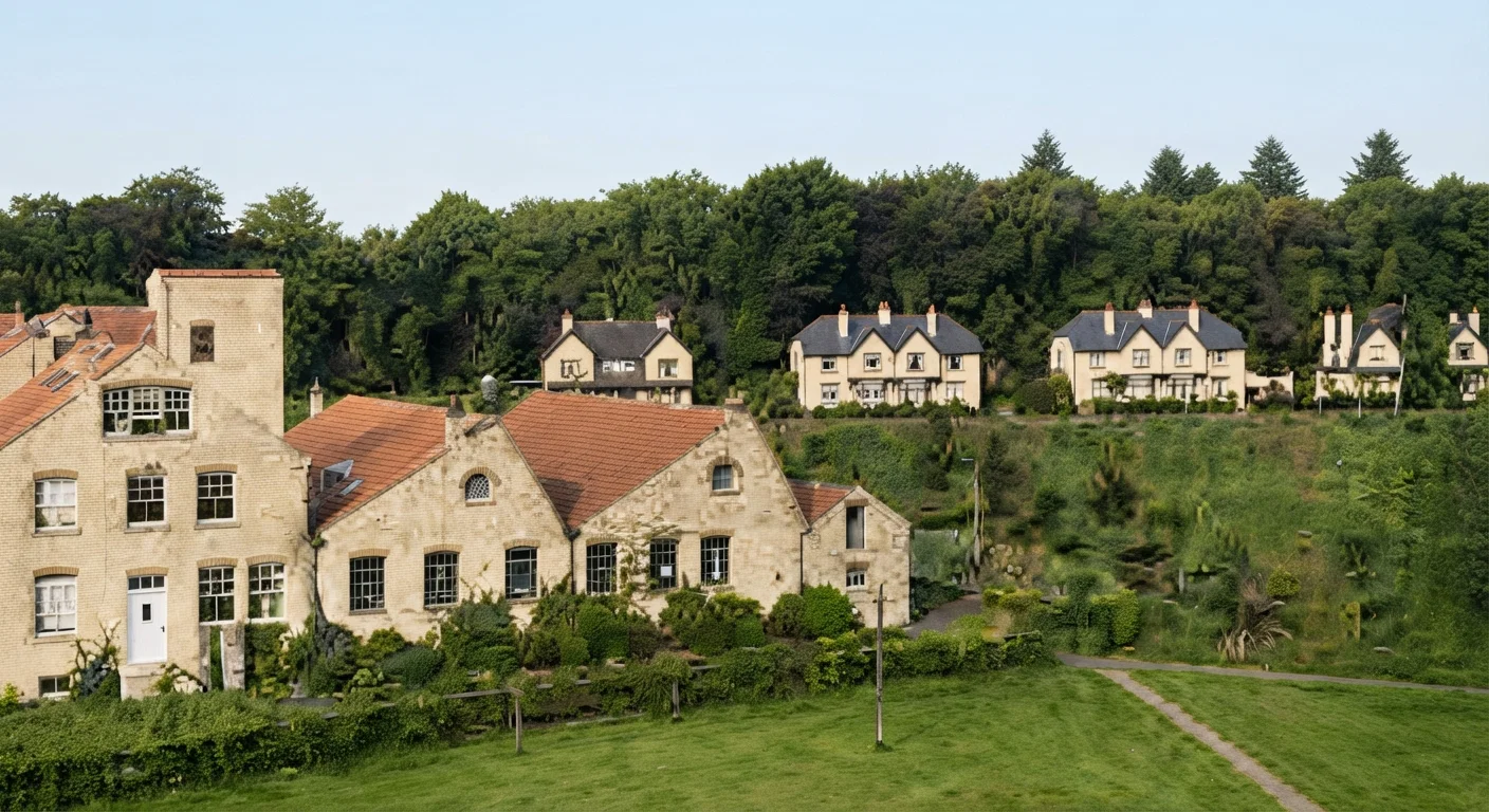 END VIEW OF PRINTING PLANT, WITH COTTAGES IN THE DISTANCE