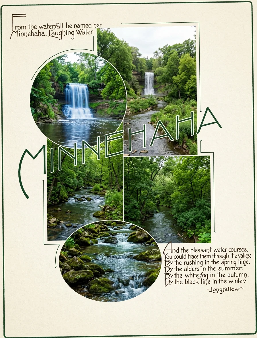 From the water's fall be painted here
Minnehaha, laughing water

And the pleasant water-courses
You could trace them through the valley:
By the rushing in the spring time,
By the elders in the summer,
By the whispering in the autumn,
By the black line in the winter.
—Longfellow