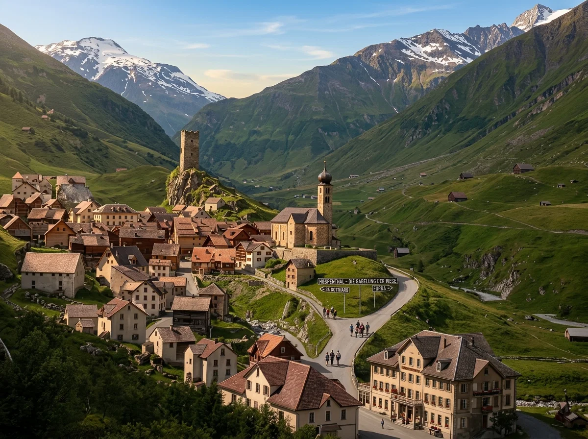Hospenthal, Switzerland, at the parting of the ways. Here the road divides, one branch going to St. Gothard and the other to Furka.