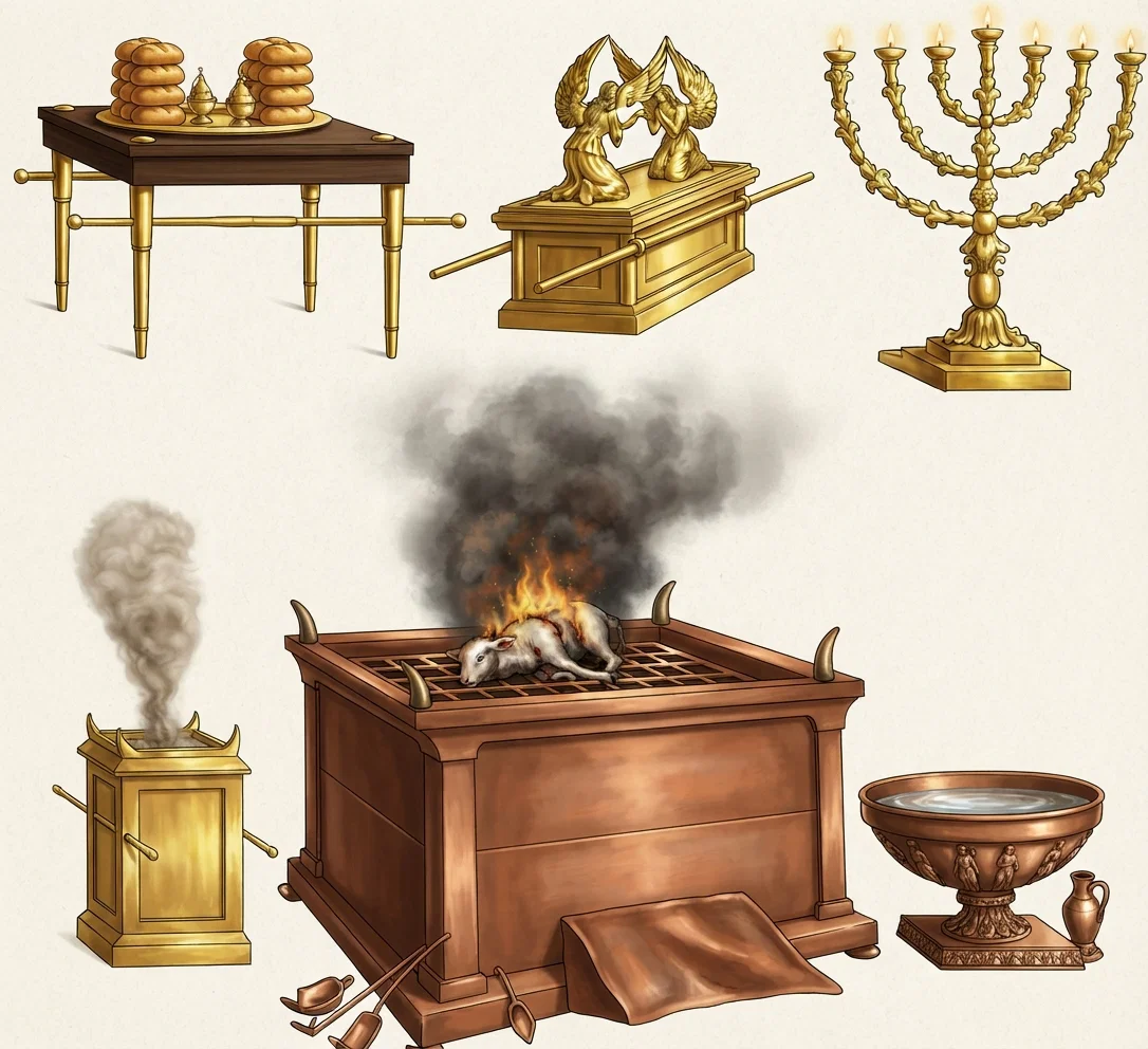 Furniture of the sanctuary. Reading from left to right on top row, table of showbread, ark of the covenant, golden candlestick; bottom row, altar of incense, altar of burnt offering, laver.