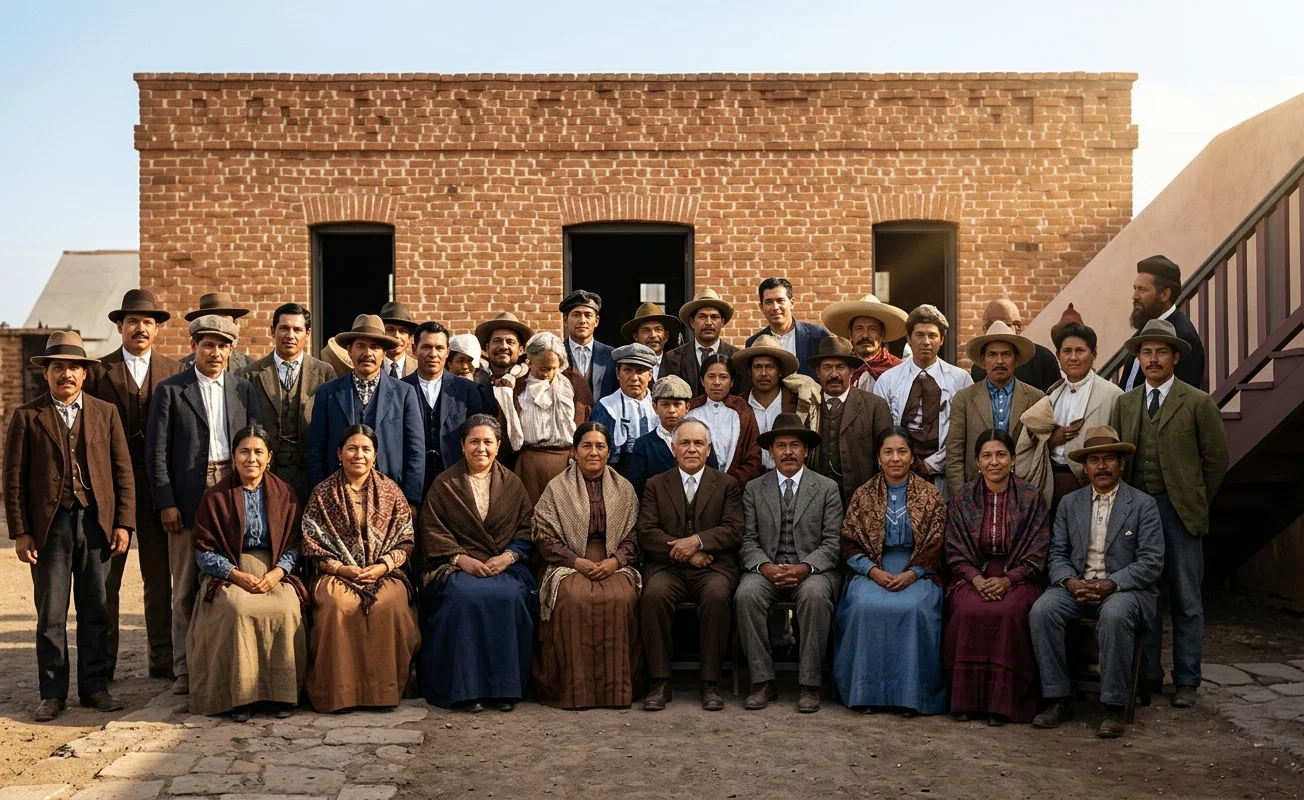 GROUP AT MEXICAN MEETING. PRINTING-OFFICE IN REAR